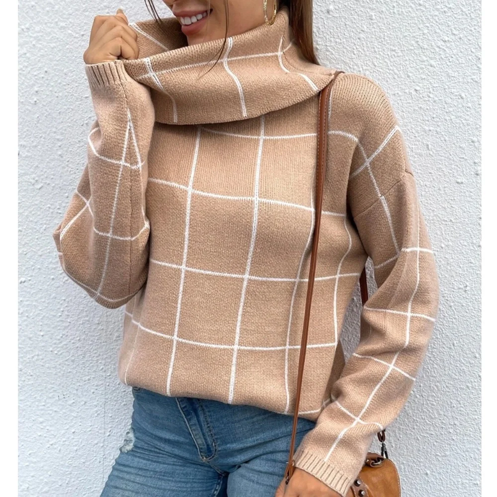 Tan Grid Printed Long Sweater Plaid Pattern Split Sides Pullover Turtleneck - Picture 1 of 12